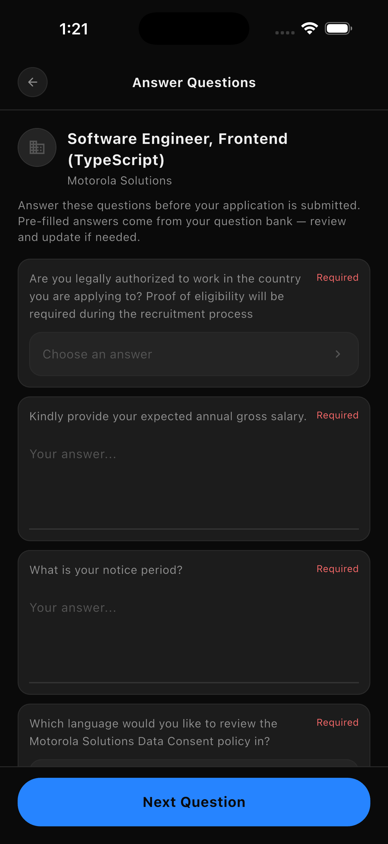 FlickHire custom application questions, pre-filled from your question bank