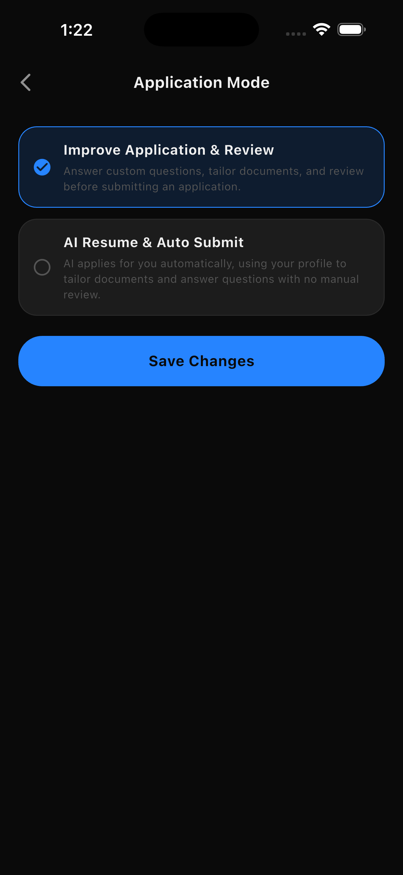Choosing between manual review and full auto-pilot application mode
