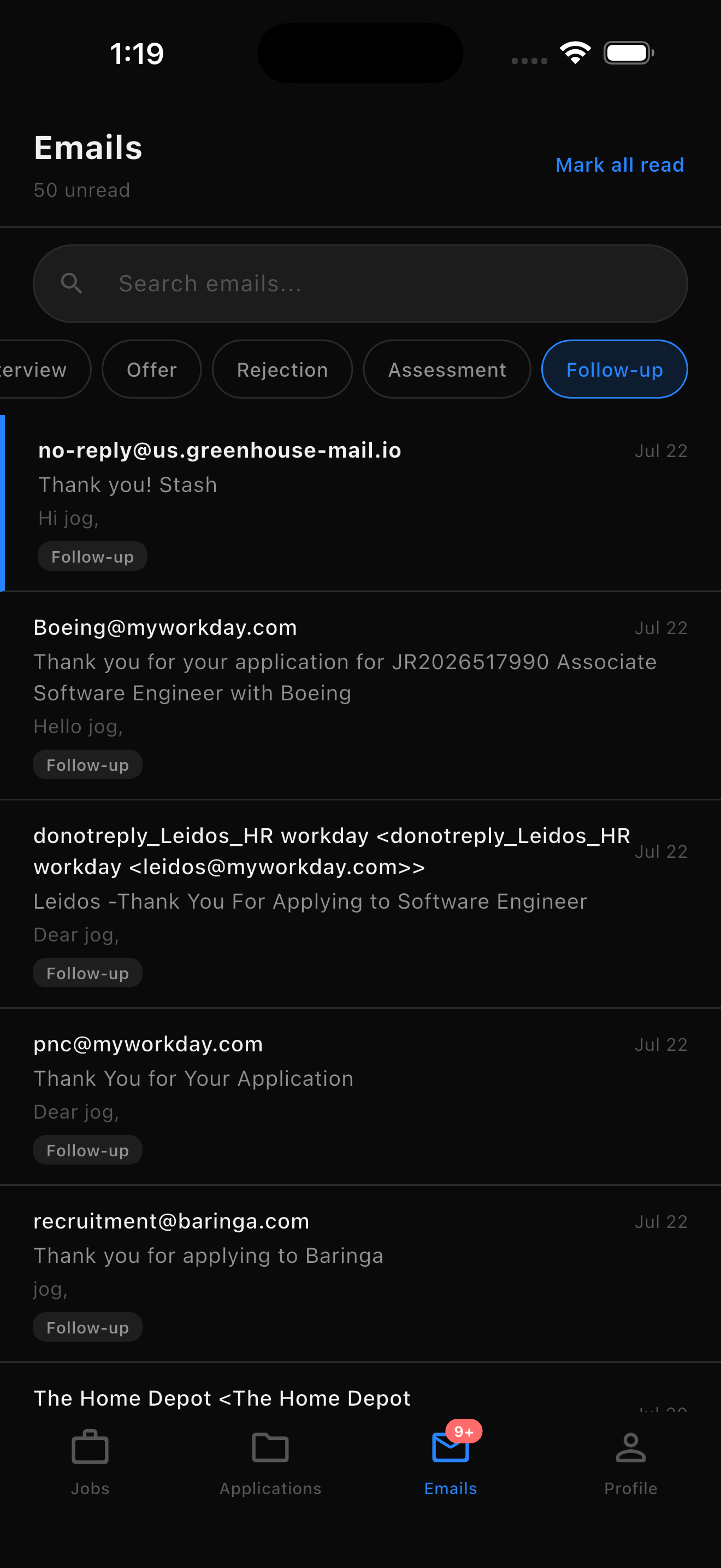 FlickHire emails inbox with replies auto-classified by status
