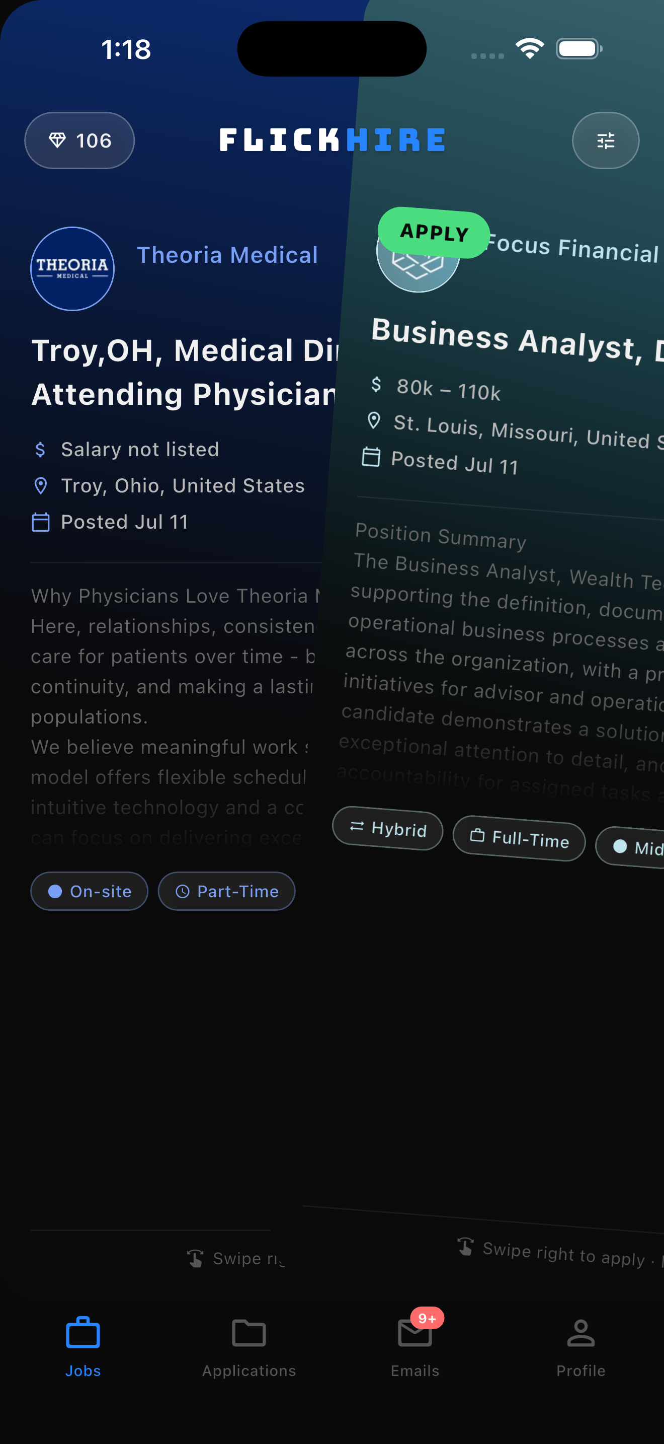 Swiping right to apply to a FlickHire job listing